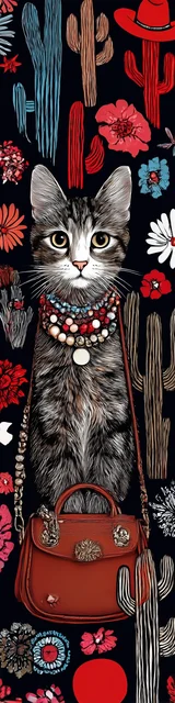 Cat bookmarks illustration of a cat carrying a purse in the desert